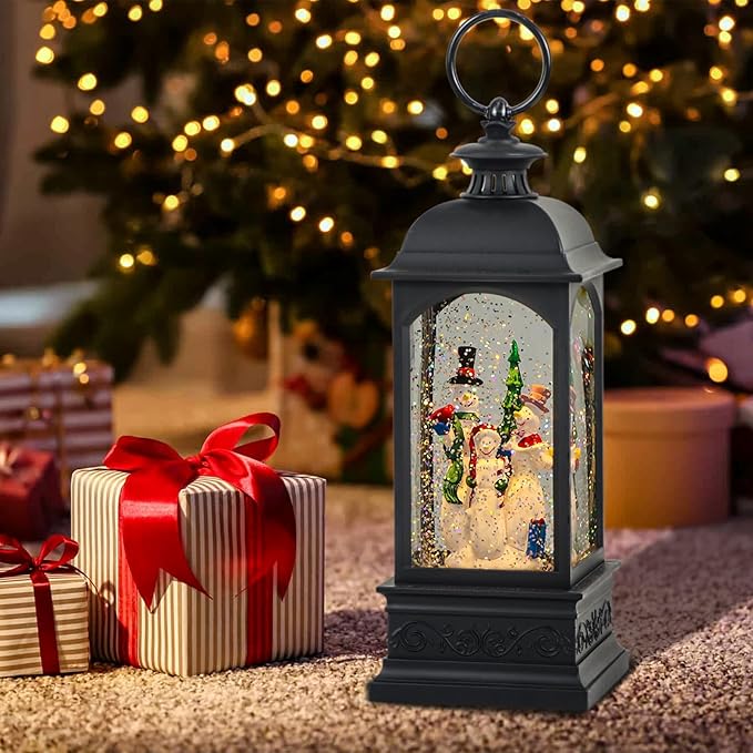 Eldnacele Snowman Music Snow Globe Lantern with 6 Hour Timer, Battery Operated & USB Powered Singing Lighted Lamp Swirling Water Glittering Christmas Decoration Holiday Decor Lantern