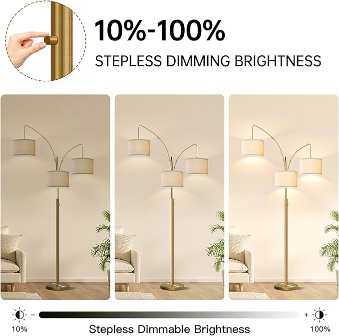 Nintiue Dimmable Floor Lamp - 3 Lights Brass Floor Lamps for Living Room Linen White Shades & Heavy Base, Mid Century Tree Floor Lamp for Bedroom Office, 3 LED Bulbs Included