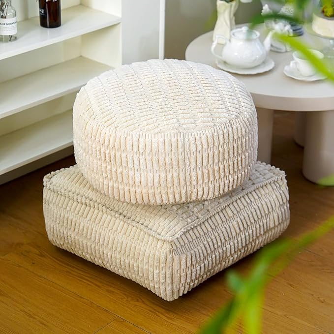 Unstuffed Pouf Ottoman Soft Square Bean Bag Storage Pouf Cover 20x20x8 Inches Decorative Floor Footrest for Living Room Bedroom Outdoor (Beige, Square)