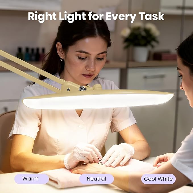 Neatfi XL Nail Desk Lamp with Clamp, 2200 Lumens, 20-Inch Wide Head, Dimmable 4 Levels, 3 Color Modes 3000K–6000K, LED Task Light for Manicure Table, Crafts, Workbench, Office (CCT, Gold)