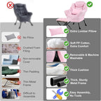 Lazy Chair with Ottoman, Modern Accent Chair with Lumbar Pillow, Pink Sofa, Lounge Chairs with Folding Footrest, Oversized Supportive Chairs for Bedroom, Reading