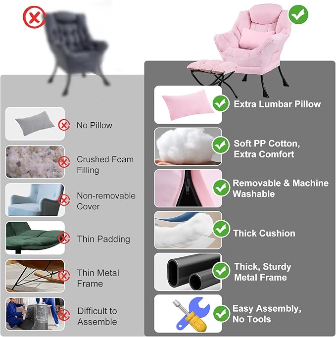 Lazy Chair with Ottoman, Modern Accent Chair with Lumbar Pillow, Pink Sofa, Lounge Chairs with Folding Footrest, Oversized Supportive Chairs for Bedroom, Reading