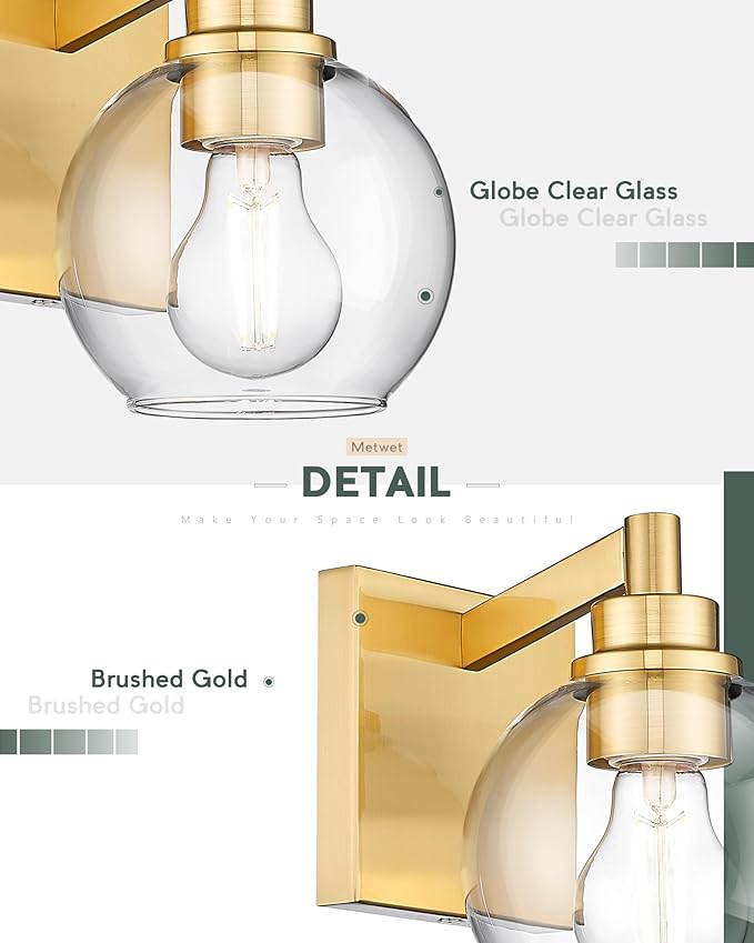 Wall Sconces Set of 2, 1-Light Brushed Gold Sconces Wall Lighting with Globe Clear Glass Shade, Modern Bathroom Vanity Light Fixtures for Mirror Bedroom Living Room, VL195-BG-CL-1-2PK
