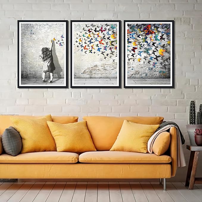 Novatique Banksy Wall Art Street Graffiti Picture Wall Decor Street Girl Graffiti Art Painting Modern Butterfly Poster for Living Room Bedroom,16" x 24" x 3pcs