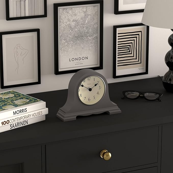 JONES CLOCKS® Speakeasy Mantel Clock | Classic Napoleon’s hat Design | Dark Gray | Contemporary Classic Style for Desk, Table, Shelf or Bedside