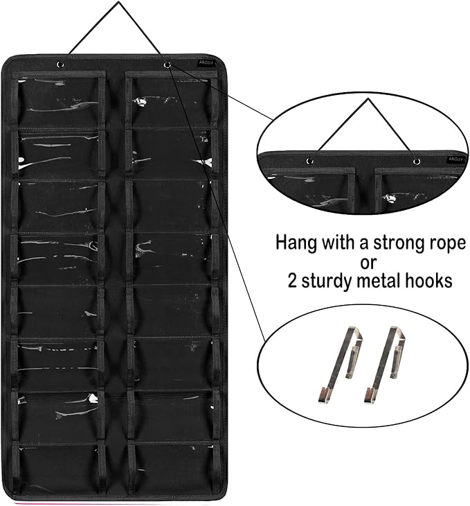 AROUY Sunglasses Organizer Storage, Hanging Dust Proof Wall Pocket Glasses Organizer - 16 Felt Slots Sunglass Organizer Holder with Metal Hook and Sturdy Rope (Black, Dust Proof)