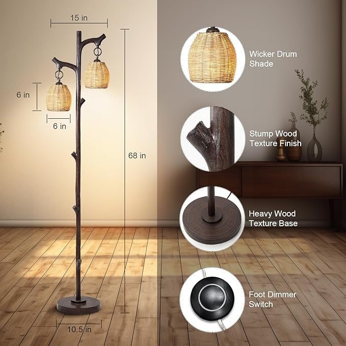 Scenekoy 68" High Farmhouse Rustic Country Cottage Floor Lamp Tree Trunk Faux Wood Column Dark Bronze Wicker Drum Shade Decor for Living Room Bedroom Reading Room