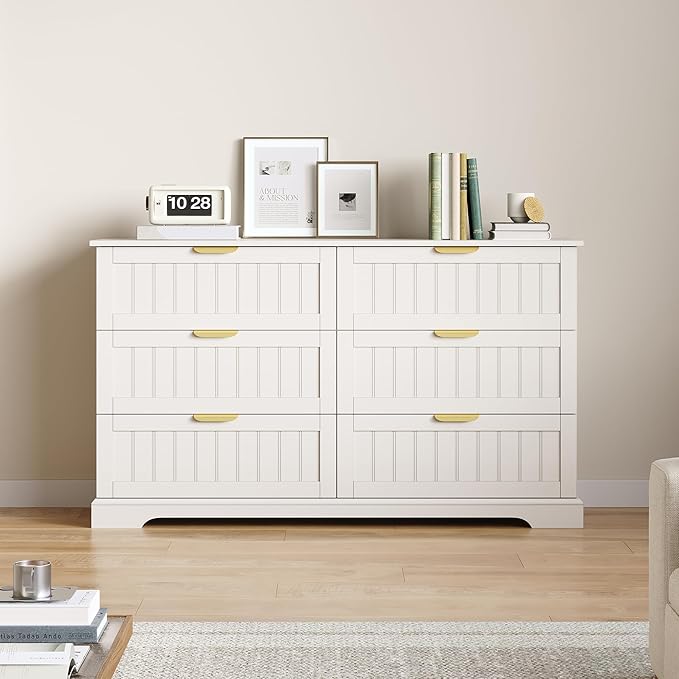 6 Wooden Drawer Dresser for Bedroom Storage, Modern Farmhouse Wood Chest of Drawers with Metal Handles, Wide Storage Cabinet for Closet, Living Room, or Entryway White