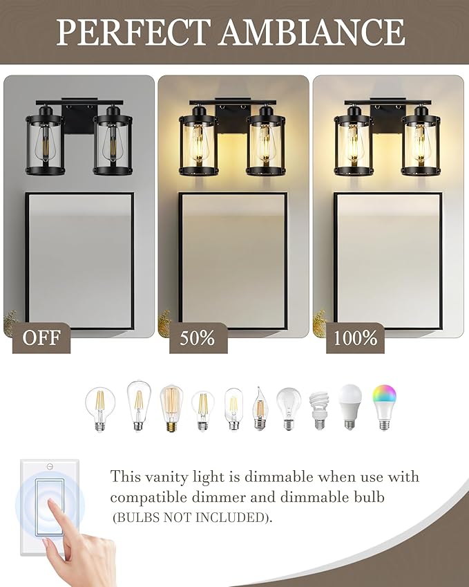 2-Light Black Bathroom Light Fixtures, 13.8 Inch Modern Bathroom Vanity Lighting Fixtures Over Mirror with Clear Glass and Metal Cage Wall Sconce Lights for Bath, E26, OS-3014BK-2W