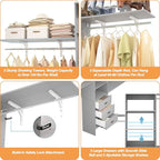 Armocity 96 Inches Closet System, 8FT Walk In Closet Organizer with 3 Shelving Towers, Heavy Duty Clothes Rack with 3 Drawers, Built-In Garment Rack, 96" L x 16" W x 75" H, Max Load 1000 LBS, Grey