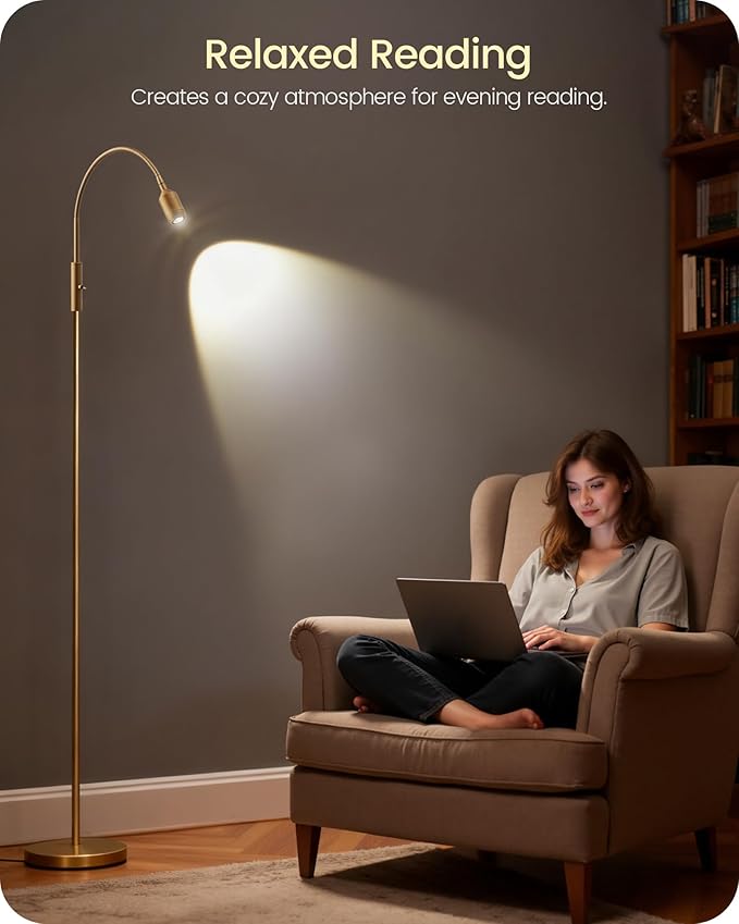 Reading Floor Lamp, 74.2" Tall LED Lamp with, 360° Flexible Gooseneck & Touch Control, 5000K Cool White LED, Sturdy Base, Crafts Standing Lamp, for Reading, Living Room, Matte Gold D16LD05