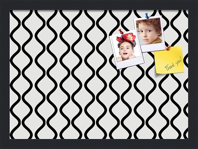 PinPix 18x13 Inch Cork Bulletin Board. This Decorative Framed Pin Board Comes with Black and White Waves Design and a Satin Black Frame. Ideal for Home Office Decor or Message Board (PinPix-194)