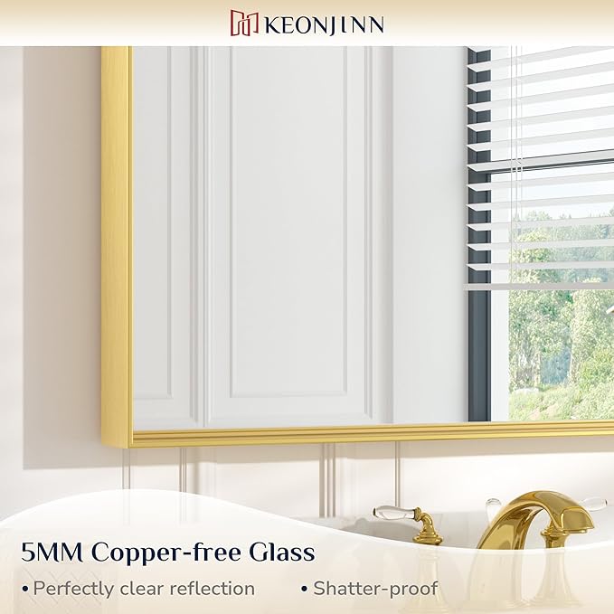 Keonjinn Gold Bathroom Mirror 48 x 30 Inch, Gold Trimmed Bathroom Wall Mirror, Large Brushed Metal Frame Mirrors for Over Sink, Modern Farmhouse Vanity Rectangle Mirrors(Horizontal/Vertical)