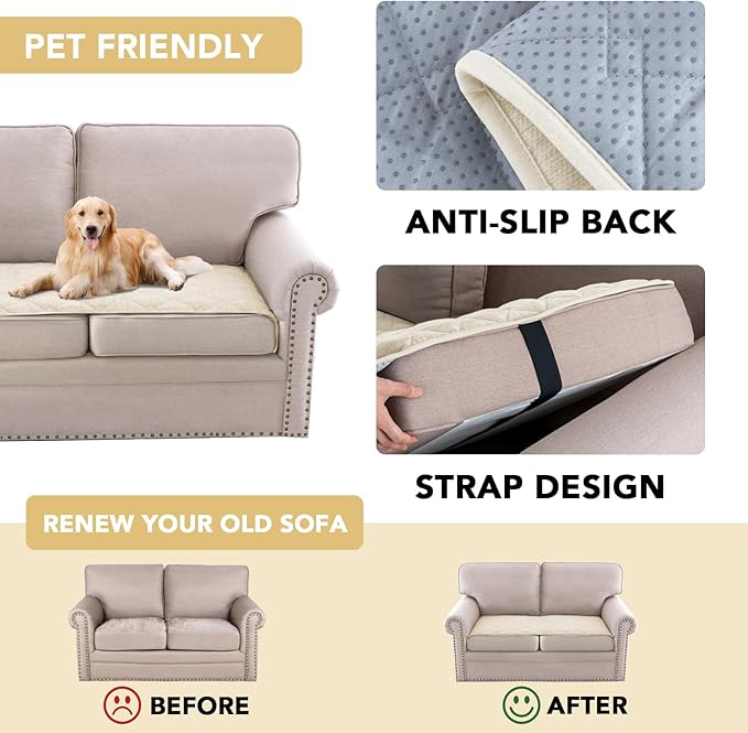 H.VERSAILTEX Couch Cover Chenille Pet Fuzzy Sofa Covers for 2 Cushion Couch Anti Slip Washable Sofa Slipcovers with Strap Soft Couch Protector Cover for Dogs Cats Kids(27.6" x 59", Ivory)