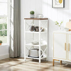 Small Bookshelf,4 Tier Industrial Bookcase with Metal Frame and Backboard,Narrow White Book Shelf,Book case for Small Spaces,Living Room,Bedroom and Home Office