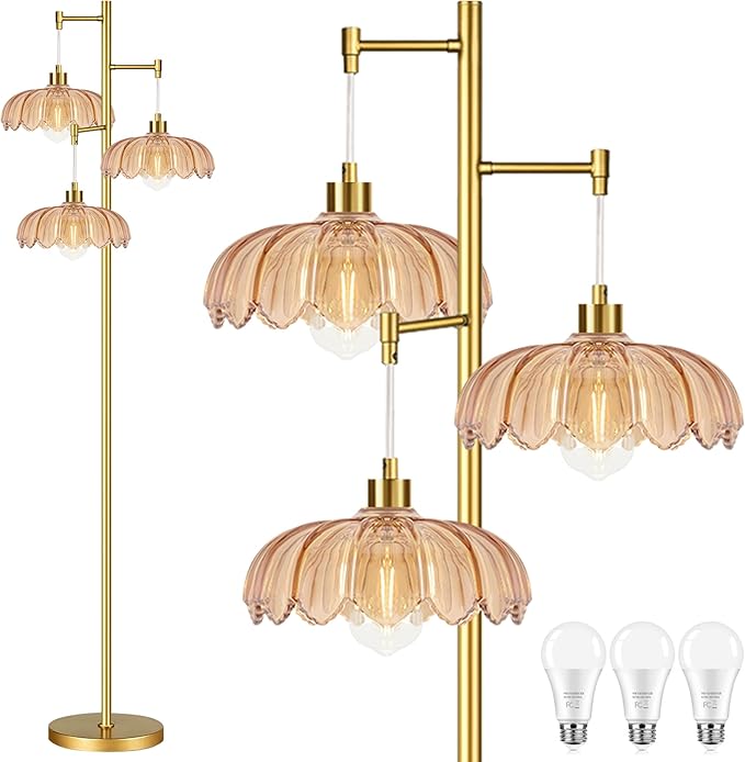 Glass Floor Lamp for Living Room,Bedroom,Gold Mid Century Modern Standing Lamp Brass Tree 3 Light Tall Floor Lamps Vintage Retro Floor Lights Flower Lamp Shade Farmhouse Boho Bohemian