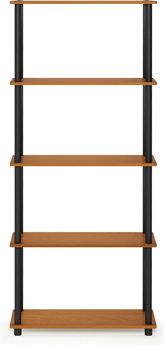 Furinno TURN-N-TUBE Storage Shelves, 5-Tier Book Shelf, Corner Shelf, Toolless Open Shelves, for Organization and Storage, Living Room, Garage, Home Office, Light Cherry