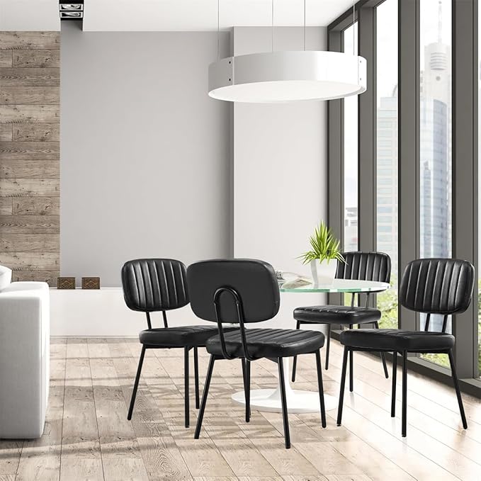 Dining Chairs Set of 2, Mid Century Modern Upholstered Kitchen Chair with PU Leather Cushion Seat & Metal Legs for Home/Living Room/Bedroom/Office-Black