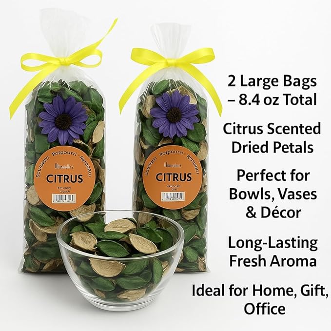 Citrus Scented Potpourri Bags – 2 Large Packs, 8.4 oz Total – Dried Petals & Botanicals for Bowls & Vases – Long-Lasting Aroma for Home Décor, Office, Bathroom, Gift Use