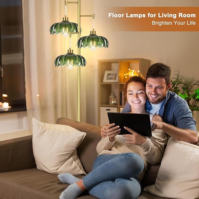 Gold Floor Lamp for Living Room Bedroom,Modern Floor Lamps with Unique Green Glass Shades,3 Lights Mid Century Tall Standing Lamp,Vintage Tree Flower Floor Lamp for Corner Office Reading