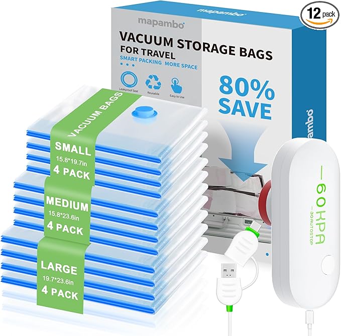 Mapambo 12 Pack Vacuum Storage Bags with USB Pump, Vacuum Seal Bags for Clothing Travel, Space Saver Vacuum Seal Bags for Clothing, Cruise Essentials, Compression Bags for Clothes (12 Combo Size)