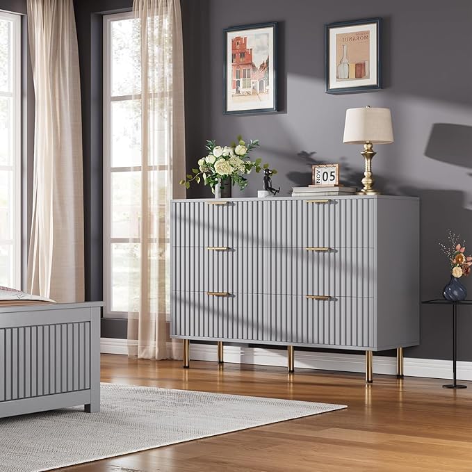 6 Drawer Dresser for Bedroom, Fluted 47.2 in Wide Modern Chest of Drawers with Deep Drawers, Long Large Double Dresser TV Stand, Wooden Dresser Organizer for Living Room, Hallway, Kids Room, Grey