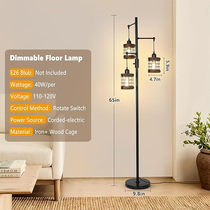 Airposta Dimmable Floor Lamps for Living Room, 3-Light Industrial Floor Lamp with Wood & Metal Cage, Farmhouse Standing Lamp Tall Tree Lamp for Bedroom Office, Rustic Black Tall Floor Lamp for Corner