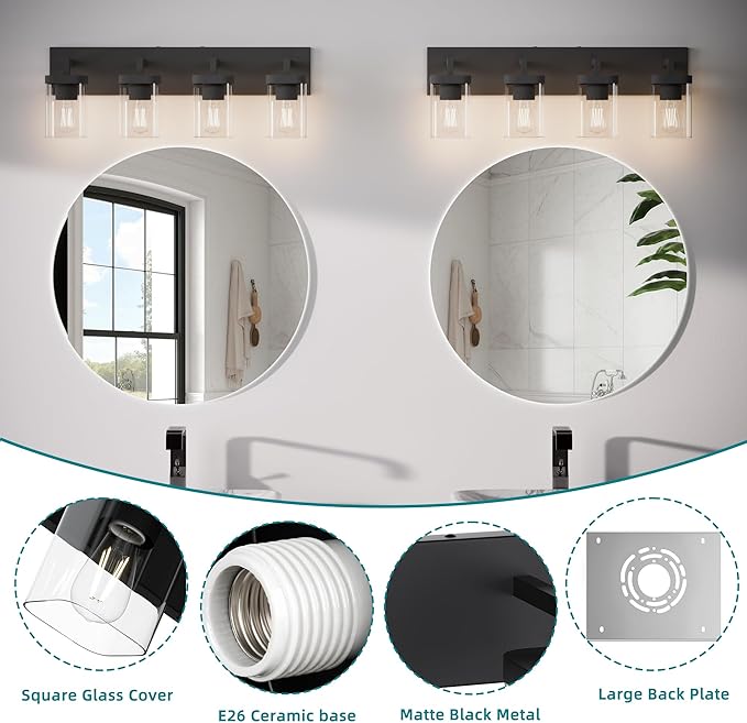 Bathroom Vanity Light, Square Design 4 Lights Morden Bathroom Lighting Fixtures Over Mirror, Black Bathroom Light Vanity Fixtures for Bathroom/Living Room/Bedroom