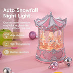 Snow Globe Lantern with Carousel–Shatterproof 8 Songs Musical Box Automatic Snowfall Led Light, USB&Battery Powered,Merry-Go-Round for Valentine’s Day Gift Present Birthday Home Decoration,Silver&Pink