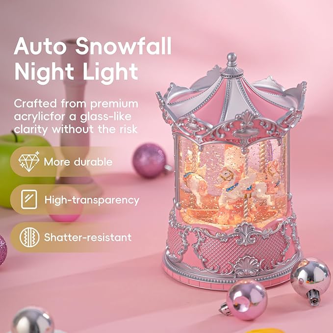Snow Globe Lantern with Carousel–Shatterproof 8 Songs Musical Box Automatic Snowfall Led Light, USB&Battery Powered,Merry-Go-Round for Valentine’s Day Gift Present Birthday Home Decoration,Silver&Pink