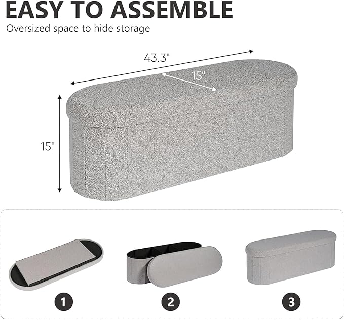 43.3 Inches Collapsible Ottoman with Storage, Bench with Storage Ottoman for Living Room, Bedroom & Entryway-Grey