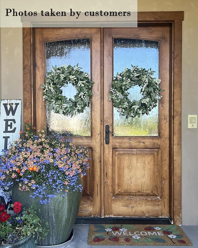 Vlorart 2 Pack Green Eucalyptus Leaf Wreaths, 24 Inch Artificial Spring Summer Wreaths for Front Door Decor Boxwood Wreath with Big Berries, Farmhouse Greenery Wreath Outside Year Round Indoor/Outdoor