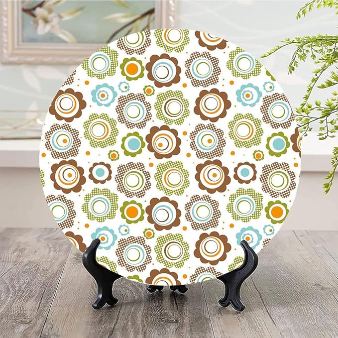 Ceramic Display Plate, Floral Ceramic Hanging Decorative Plate, Traditional Retro Polka Dots Cartoon Style, 10 Inch, Household Custom Ceramic Plate, Multicolor