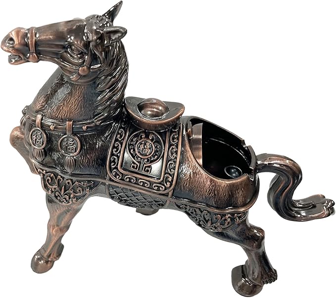 Metal Ornament Galloping Horse Statue Classic Bronze Finish Luxury Home Decor Multi Functional Sculpture for Living Room Office Desk Feng Shui Art with Set of 5 Lucky Charm Ancient Coins (D3 Bronze)