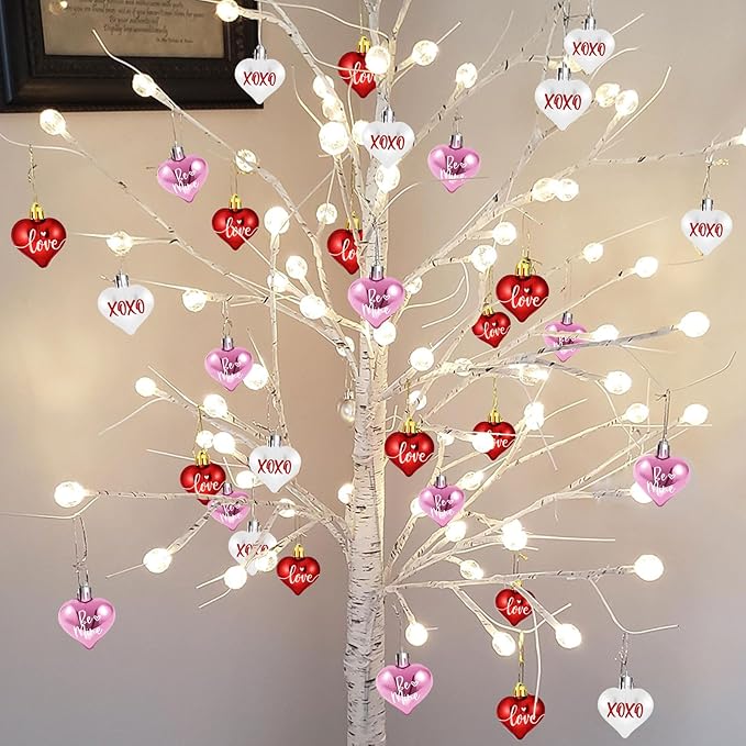 Valentines Tree Decorations, 24 Pcs Heart Ornaments for Christmas Tree, Mini Day Small Conversation Ornaments, Red Pink White Plastic