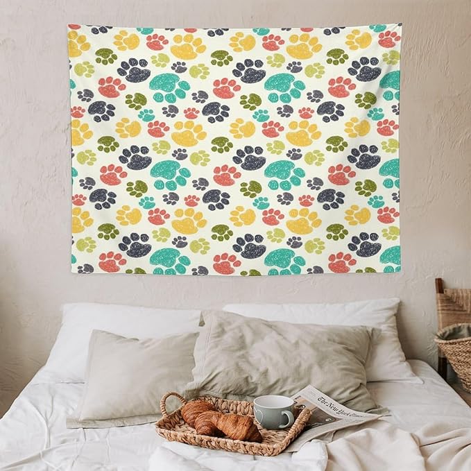 VUMIVI Dog Paw Tapestry Hand Painted Colorful Animal Footprints Doodle Kids Painting Tapestry Wall Hanging for Living Room Bedroom Dorm Classroom Aesthetic Decor W40xL30in