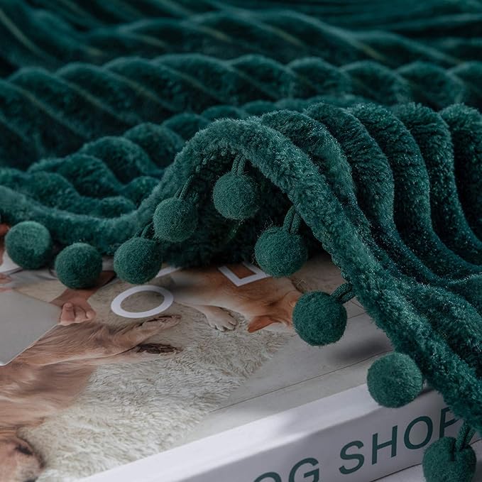 DISSA Fleece Blanket Queen Size – 71x80, Green - Soft, Plush, Fluffy, Fuzzy, Warm, Cozy – Perfect Throw for Couch, Bed, Sofa - with Pompom Fringe - Flannel Blanket