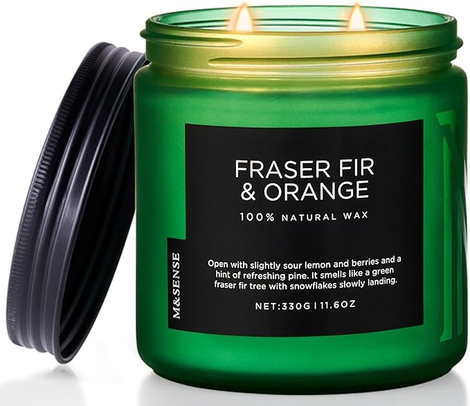 M&SENSE Fraser Fir Pine Scented Candle, Soy Wax Non Toxic for Home Up to 70 Hours, 2 Cotton Wick 11.6oz Christmas Tree Scent Holiday Aromatherapy Candle for Birthday Holiday Gifts