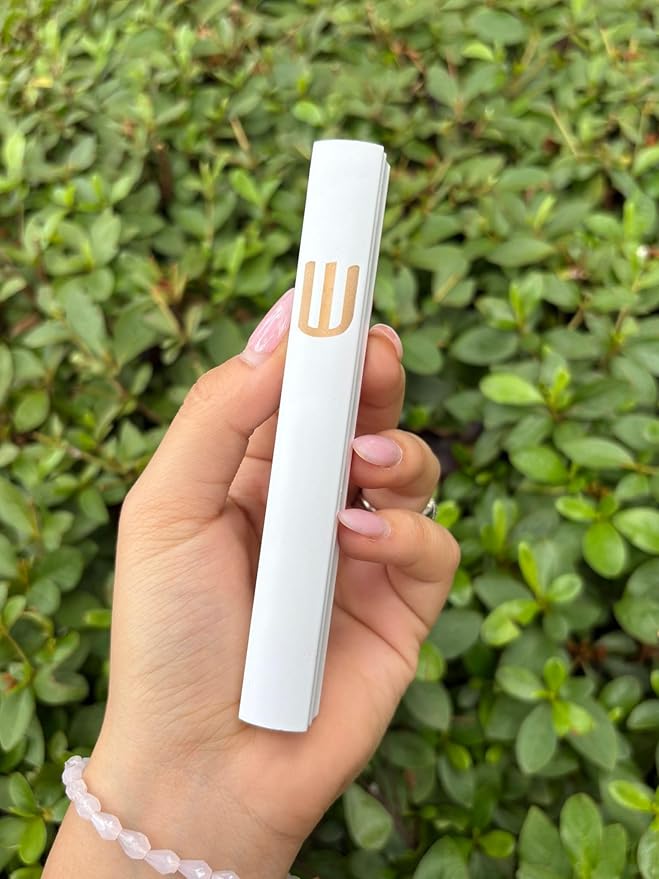 A&S Mezuzot Mezuza Aluminum Waterproof Case Peel & Stick Easy Installation Home Blessing (White+ Gold Shin, 7inch)