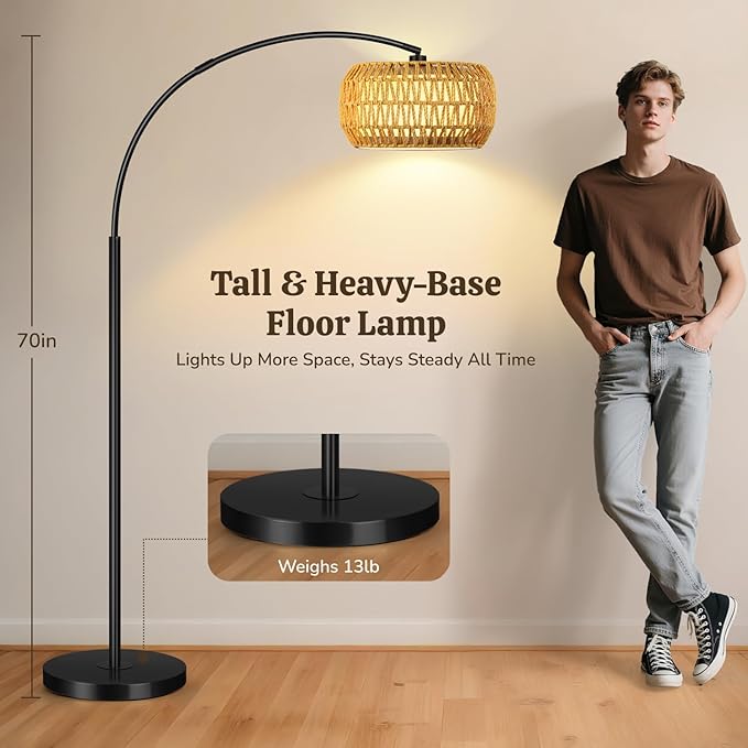 Arc Floor Lamp for Living Room, Rattan Boho Floor Lamp with Remote Control, Black Standing Lamp with 3 Color Temperatures & Dimmable LED Bulb, Tall Lamp for Bedroom, Over Couch Arched Reading Light