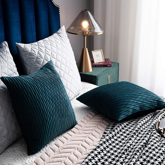24x24 Teal Throw Pillow Cases: 2 Pack Original Striped Velvet Square Decorative Pillow Covers for Farmhouse Couch