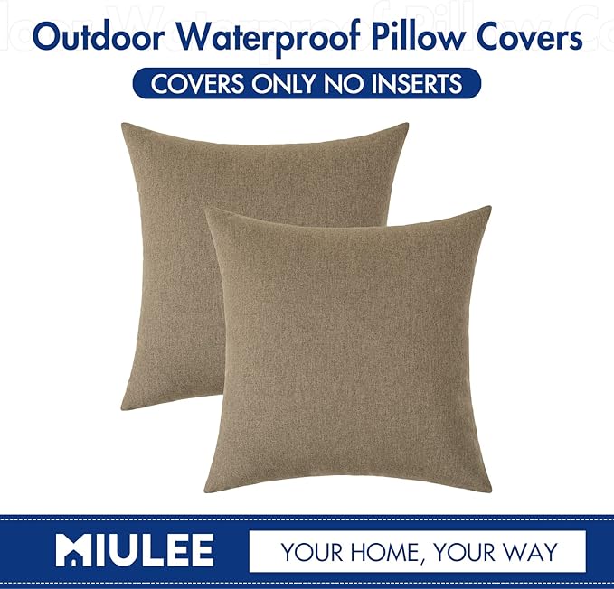 MIULEE Pack of 2 Decorative Outdoor Solid Waterproof Throw Pillow Covers Euro Sham Faux Linen Garden Farmhouse Cushion Cases for Patio Tent Balcony Couch Sofa 26x26 Inch Khaki