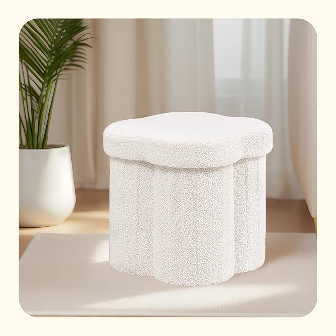 PINPLUS Storage Ottoman Cube Flower-Shaped Boucle Footrest Stool with Hidden Storage, Multi-Functional Cube Seat for Living Room, Dorm - White 12.6"x12.6"x12.6"