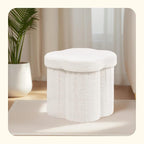 PINPLUS Storage Ottoman Cube Flower-Shaped Boucle Footrest Stool with Hidden Storage, Multi-Functional Cube Seat for Living Room, Dorm - White 12.6"x12.6"x12.6"