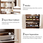 Shoe Cabinet for Entryway with 2 Flip Drawers & Coat Rack, Narrow Hidden Shoe Storage Cabinet with Fluted Panel, 2-in-1 Hall Tree Slim Freestanding Shoe Rack Organizer for Hallway, Walnut