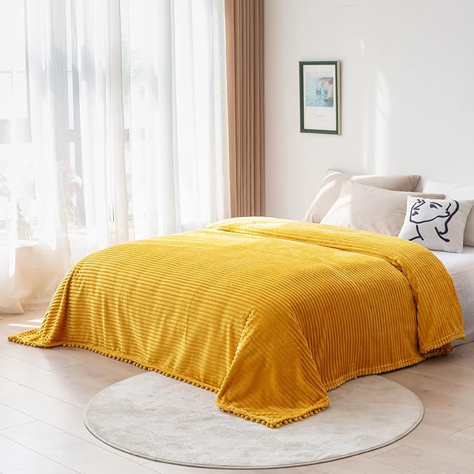 DISSA Fleece Blanket Queen Size – 90x90, Yellow - Soft, Plush, Fluffy, Fuzzy, Warm, Cozy – Perfect Throw for Couch, Bed, Sofa - with Pompom Fringe - Flannel Blanket