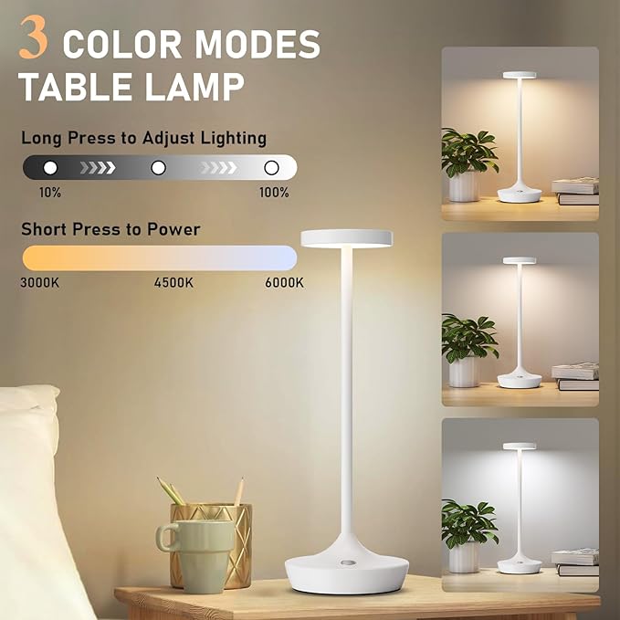2 Pack Led Cordless Rechargeable Waterproof Table Lamp(Battery Operated Touch Light 3 Color Dimming Portable Night Lamp IP54 Waterproof Suitable For Indoor Outdoor Patio Restaurant Dining Home)White