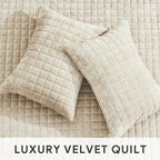 RECYCO Luxury Velvet Quilt Set Full Queen Size Bedding Sets, Ultra Soft Velvet Comforter Set, Lightweight Channel Box Stitch Oversized Bedspread Coverlet for All Season, with 2 Shams, Beige