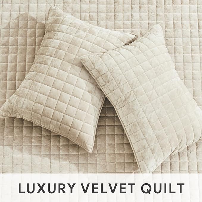 RECYCO Luxury Velvet Quilt Twin/Twin XL Size Bedding Set, Ultra Soft Velvet Comforter Set, Lightweight Quilted Channel Box Stitch Oversized Bedspread Coverlet for All Season, with 1 Sham, Beige