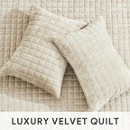 RECYCO Luxury Velvet Quilt Twin/Twin XL Size Bedding Set, Ultra Soft Velvet Comforter Set, Lightweight Quilted Channel Box Stitch Oversized Bedspread Coverlet for All Season, with 1 Sham, Beige